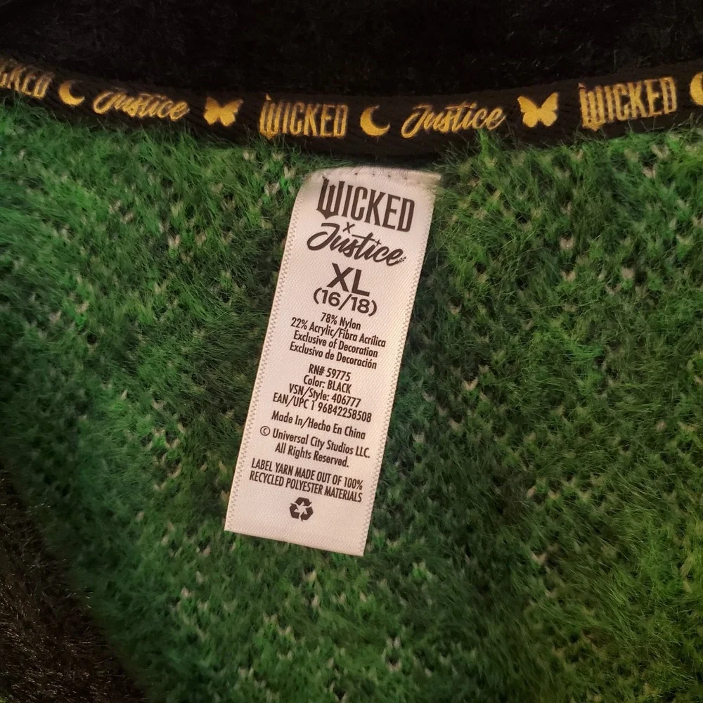 Wicked X Justice Cardigan Elphaba Green Fuzzy‎ girls XL (16/18) NWT preppy